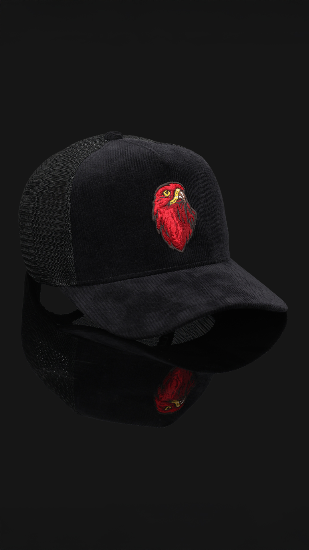 Black trucker cap with red eagle logo